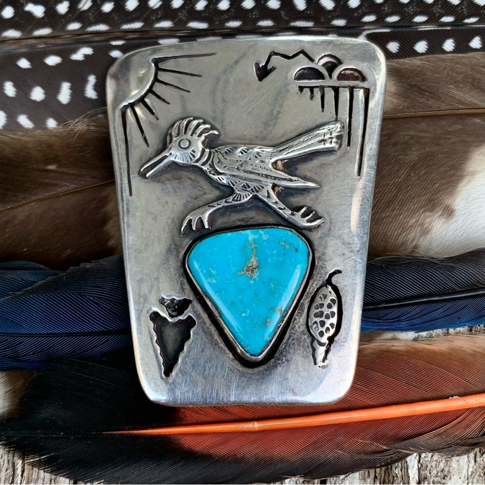 Vintage Allen Pooyouma Hopi Roadrunner Shadow Box Bolo Tie Shied